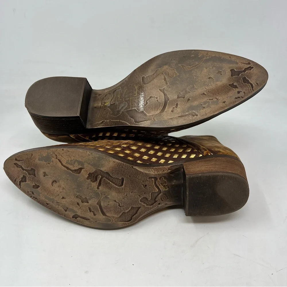 Musse & Cloud Brown Gold Laser Cut Leather Western Booties Size 8 - Picture 6 of 10